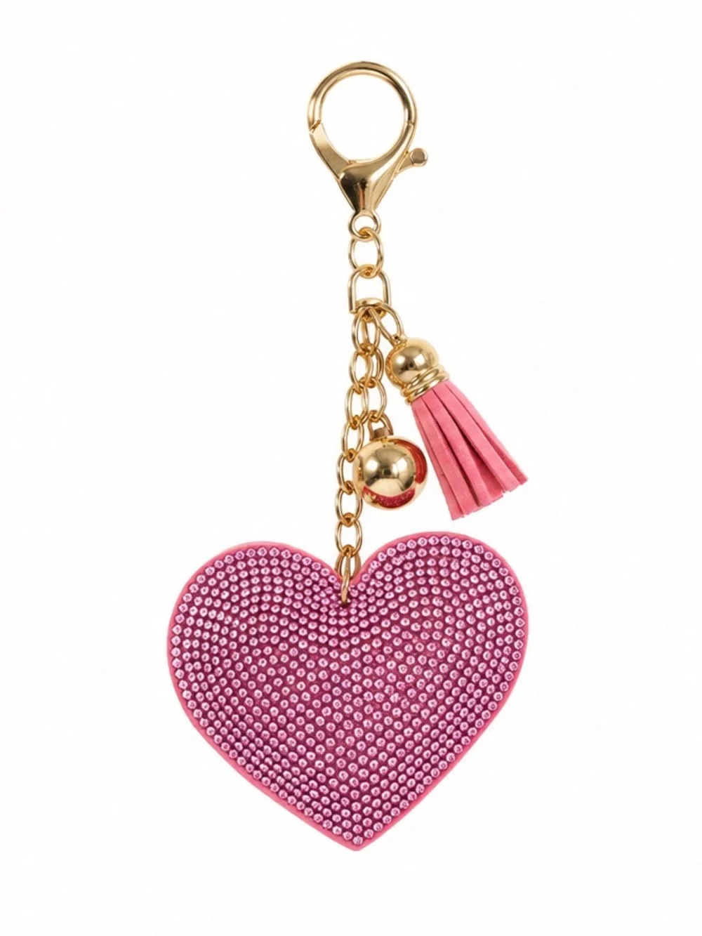 NEW - Pink Rhinestone Heart Bag Charm Keychain | Tassel & Gold Hardware